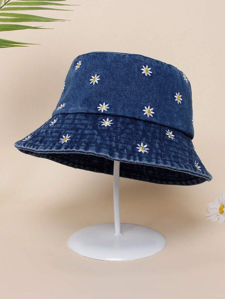 1pc Embroidered Daisy Sun Protection Fashionable Distressed Bucket Hat For Children, Suitable For Outdoor Activities And Daily Use - Màu xanh hải quân - Xem 1