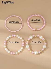 Set de 4 piezas, pulsera con dijes en forma de corazón y perla, color rosa y blanco, accesorio diario para niñas
