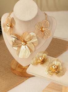 3pcs/Set Fashionable Exquisite Elegant Flower Pendant Necklace & Earrings Set, Suitable For Women's Evening Parties, Gatherings, Holidays And Vacations Valentines,Mom,Mother,Mother's Day,Gift - Yellow Gold - View 9