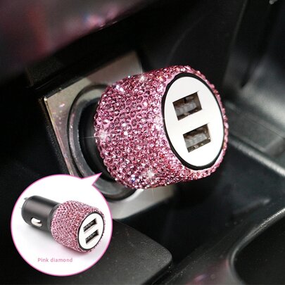 Bling USB Car Charger 5V 2.1A Dual USB Fast Charging Crystal Rhinestone Phone Charger Adapter Car Decor Accessories