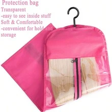 1入組假髮防塵收納袋，附衣架和透明窗的布質保護套，家庭和旅行髮片理想保護用品，附黑色掛鉤，旅行必備品 - 玫紅色 - 查看 2