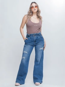 Jeans Cómodos de Pierna Ancha con rotos, Cintura Alta y elástica - Azul Medio - Ver 1