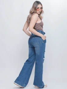 Jeans Cómodos de Pierna Ancha con rotos, Cintura Alta y elástica - Azul Medio - Ver 2
