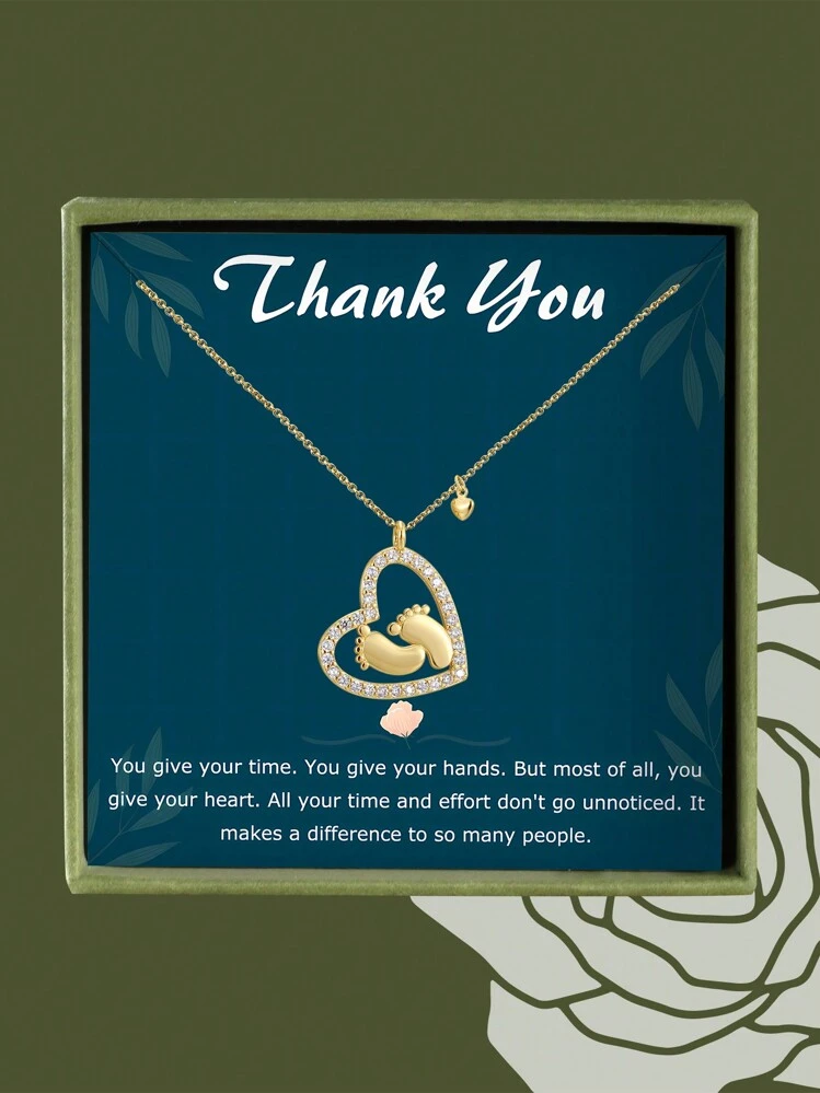 Charm In A Gift Box Set That Comes With Thank You Message Greeting Card Paired With A Dazzling 18K Gold Plated CZ Studded Heart Feet Cutout Pendant Necklace Suitable For Gifting To Someone