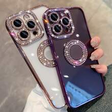 1pc Plating CD Pattern With Rhinestones Phone Case, Clear Back With Gemmed Camera Protection Soft TPU Cover, Compatible With Apple Series Smartphones