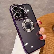 1pc Plating CD Pattern With Rhinestones Phone Case, Clear Back With Gemmed Camera Protection Soft TPU Cover, Compatible With Apple Series Smartphones