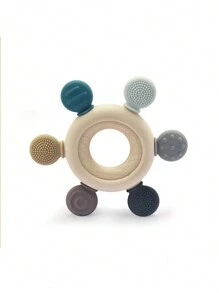 H HIBOBI 1 Pieza Mordedor para Bebé con Forma de Timón y Anillo de Madera para el Entrenamiento Táctil de la Masticación, Juguetes para Recién Nacidos, Silicona para el Cuidado Dental y la Dentición de los Niños - Marrón - Ver 1