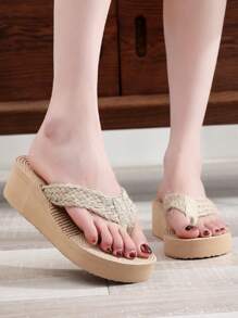 女式厚底坡跟繩索人字拖，階梯式草編設計，非常適合度假島嶼旅行 - 杏色 - 查看 6