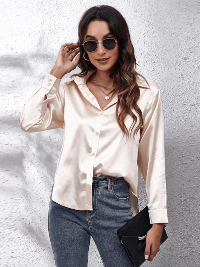 Camisas de las mujeres otoño e invierno nuevo casual suelta simulación de satén camisa de seda de manga larga de satén camisa de las señoras