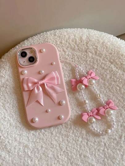 Funda de teléfono de moda con elemento de lazo rosa, 1 pieza de lazo de perlas falsas y cordón de perlas falsas, funda de teléfono suave compatible con Apple 17/17 Air/17 Pro/17 Pro Max/16/16 Pro/16 Plus/16 Pro Max 16/16 Pro/16 Pro MAX/16E/15/15 Pro Max/15 Pro/14/13/12/XR/11, cubierta protectora anti-caída de moda para regalo de cumpleaños de mujer y fiesta