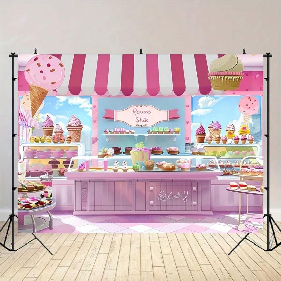1pc Ice Cream Shop Background Pink Candy Birthday Party Background Donut Party Decoration Banner - Multicolor - View 1