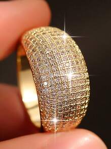 1入組INS風格豪華大橢圓鋯石戒指，適用於女性訂婚婚禮戒指首飾，奢華服裝 - 金色 - 查看 5