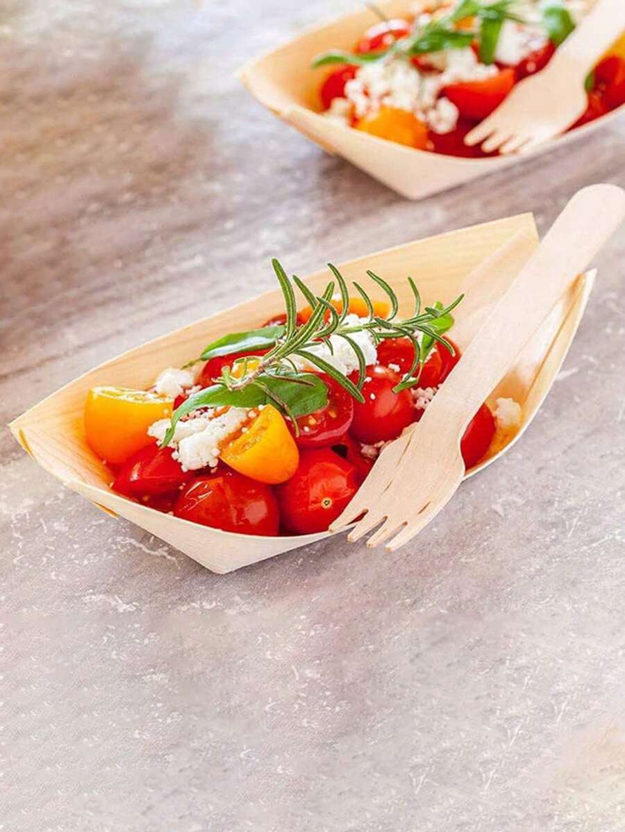 25pcs Wooden Serving Boat Trays, Food Boats For Picnics & Camping, DipSauce Paper Containers