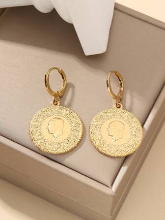 1pair Small & Simple 18k Gold Plated Copper Alloy Circular Pendant Big Hoop Earrings Suitable For Women's Daily Wear