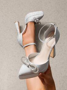Women's Rhinestone High Heels Platform Ankle Strap Pumps Solid Color Elegant Fashionable Wedding Bridal Party Dress Shoes Valentines - Silver - View 1