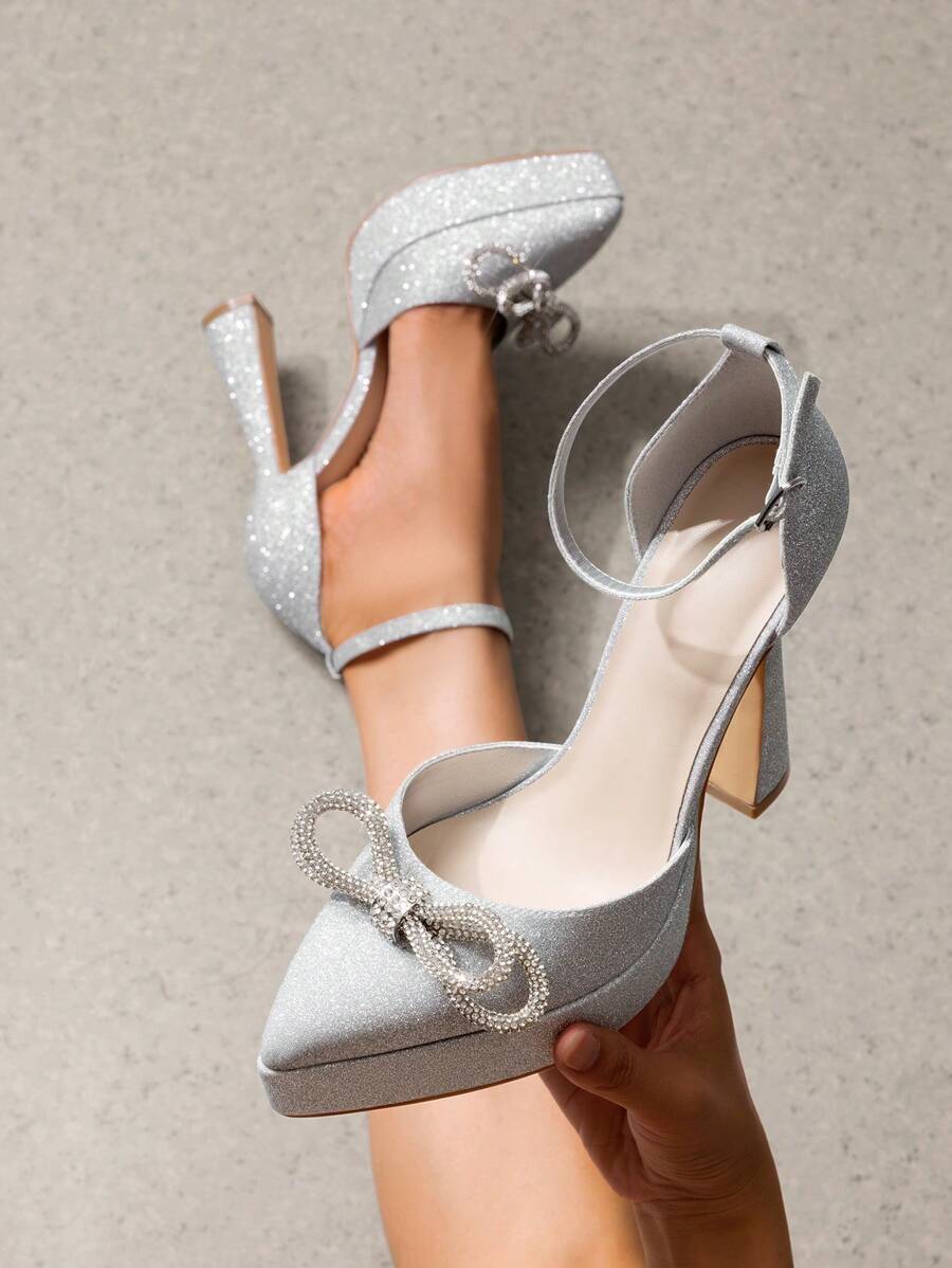 Women's Rhinestone High Heels Platform Ankle Strap Pumps Solid Color Elegant Fashionable Wedding Bridal Party Dress Shoes Valentines - Silver - View 1