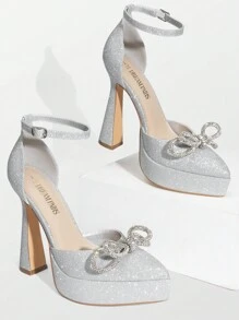 Women's Rhinestone High Heels Platform Ankle Strap Pumps Solid Color Elegant Fashionable Wedding Bridal Party Dress Shoes Valentines - Silver - View 3