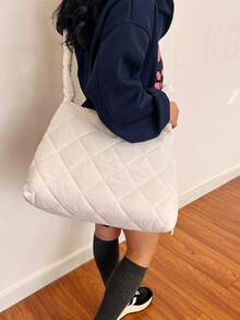 Fashionable Quilted Soft Skin-Friendly Thread Embroidery Ladies' Travel/Vacation Large Capacity Lightweight Shoulder Bag With Adjustable Strap - White - View 3