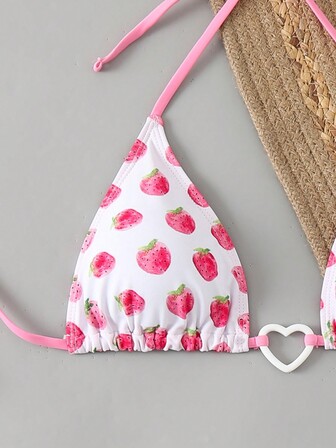 Bikinx Women's Summer Beach Strawberry Print Triangle Cup Tie-Up Halter Bikini Set