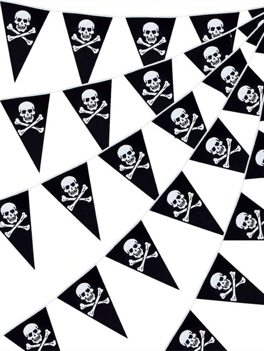 1/2/3 Piezas, Banderines piratas de 5 M de temática pirata para decoración de fiesta, banderines con diseño de calavera pirata, triángulos, suministros para fiestas de cumpleaños de Halloween, Otoño, Navidad - Negro - Ver 1