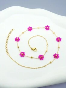 1 Stück Sommer Modisches Niedliches Mädchen Neuer Stil Titan Stahl Kleine Blumenkette, Bunte Perlen Schlüsselbeinkette, Edelstahlschmuck für Dates, Schuljahresbeginn, Hochzeitssaison, Bohemian Style Urlaub