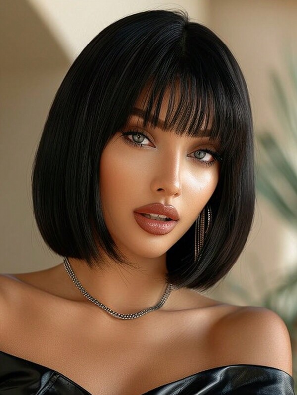 14 Inch Short Straight Black Bob Wigs With Bangs Natural Looking Black Hair Wig For Women Daily Party Cosplay Synthetic Wigs