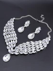 1pc Luxurious And Fashionable Crystal Water Drop Pendant Silver Necklace Earrings Jewelry Set, Perfect For Women's Wedding, Party And Formal Dressing Up