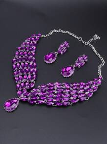 1pc Luxurious And Fashionable Crystal Water Drop Pendant Silver Necklace Earrings Jewelry Set, Perfect For Women's Wedding, Party And Formal Dressing Up