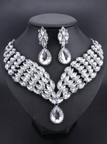 1pc Luxurious And Fashionable Crystal Water Drop Pendant Silver Necklace Earrings Jewelry Set, Perfect For Women's Wedding, Party And Formal Dressing Up