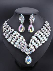 1pc Luxurious And Fashionable Crystal Water Drop Pendant Silver Necklace Earrings Jewelry Set, Perfect For Women's Wedding, Party And Formal Dressing Up
