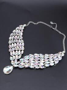 1pc Luxurious And Fashionable Crystal Water Drop Pendant Silver Necklace Earrings Jewelry Set, Perfect For Women's Wedding, Party And Formal Dressing Up