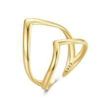 bamoer 1 PC 925 Sterling Silver Punk Style V-Shaped Opening Ring Double-Layer Plated 18k Gold Adjustable Ring Simple Fine Jewelry For Women