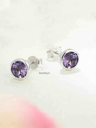 1 Pair 925 Sterling Silver Natural Amethyst Stud Earrings, Suitable For Women's Parties, Banquets, Dates, Festival Wear And Gifts