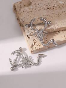 1pair Stainless Steel Gold Plated Rhinestone Skull Scorpion Nipple Rings, European And American Punk Style Body Piercing Jewelry, Suitable For Daily Wear, Couples' Decorations Or Gifts For Each Other - Silver - View 7