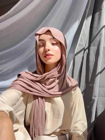 1 件柔软纯色头巾，纯色长围巾，女士针织头巾