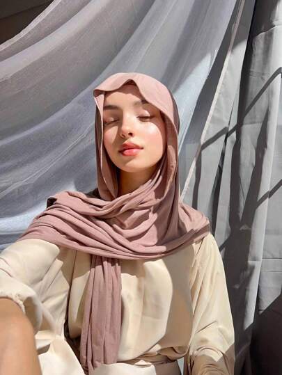 1 pieza Pañuelo de cabeza de unicolor suave, Bufanda larga lisa, Hiyab de jersey para mujeres