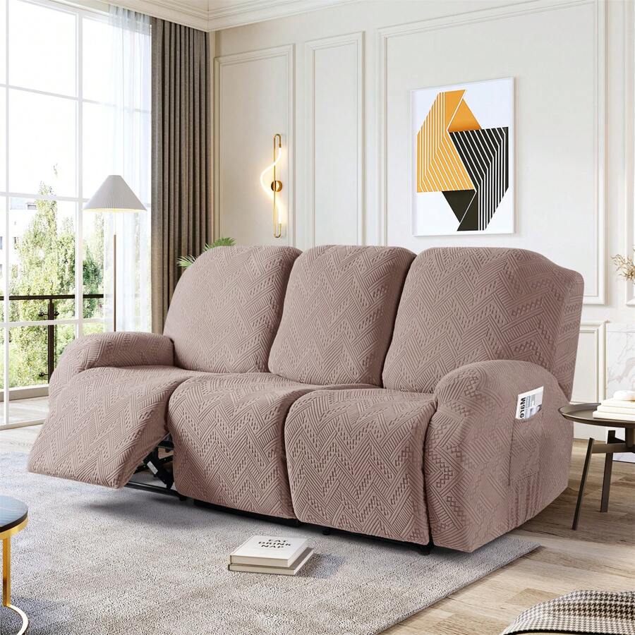 Stretch Recliner Sofa Covers, Reclining Couch Covers With Pockets, Jacquard Reclining Sofa Covers Soft Washable Furniture Protector With Elastic Bottom - Khaki - View 1