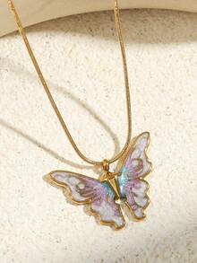 2pcs Delicate Charm Stainless Steel Butterfly Pendant Necklace, Gold-Plated, Anti-Allergic, Non-Fading Women's Neck Jewelry - Pendant Necklace - View 3