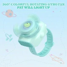 Colorido ventilador giroscópico, con mini luz , ventilador de reloj para estudiantes, recargable por USB, 2 velocidades de viento ajustables, adecuado para viajes en interiores y exteriores Pulsera para niños-ABS-Dinosaurio-Conejo-Panda - Verde - Ver 6