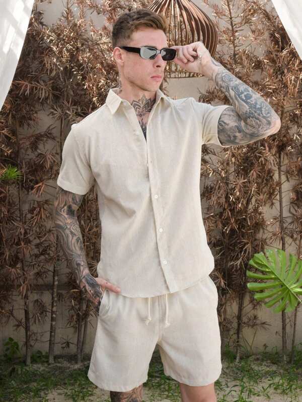Conjunto de Linho Masculino Camisa Linho botão e Shorts Linho Dia dos Pais