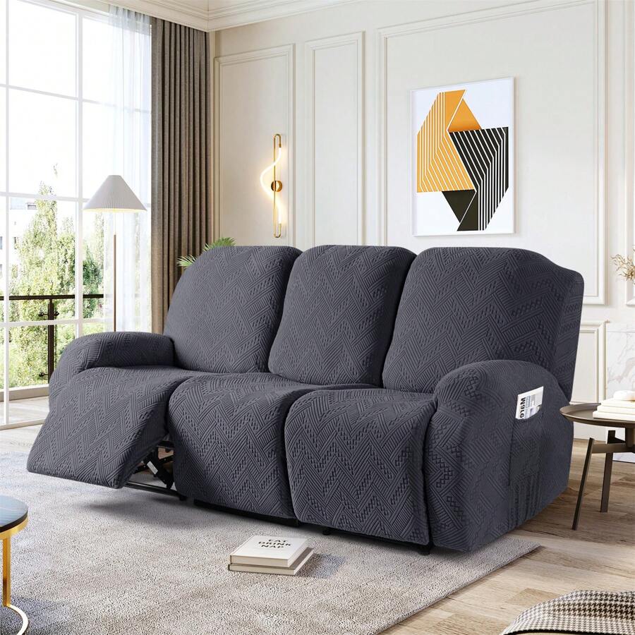 Stretch Recliner Sofa Covers, Reclining Couch Covers With Pockets, Jacquard Reclining Sofa Covers Soft Washable Furniture Protector With Elastic Bottom - Dark Grey - View 1