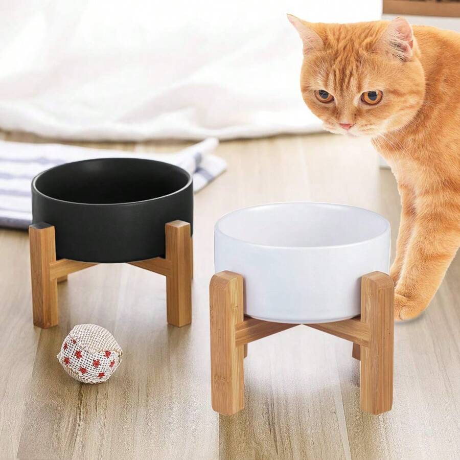 Elevated Raised Food Bowls/Dish With Stand For Water, Ceramic Pet Bowl With Anti Slip Rubber Pad, Anti Vomiting, Stress Free For Small Dogs And Cat - White (400ML/13.5OZ)