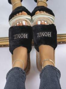Women's Open Toe House Slippers, White Plush Slippers With Letter Embroidery, Simple And Fashionable, Comfortable And Ultra-Light, Suitable For Four Seasons, Indoor Slippers For Spring And Autumn, Black And Elegant - Black - View 4