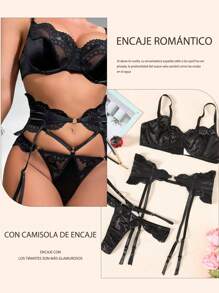 "Funny Sexy Lace 3-Piece Set, Sensual Lace Underwear For Women, Perspective Lace With Color Contrast And Mesh Detail, Hollow Back, Sensual Lingerie Set For Women" - 黑色 - 查看 3