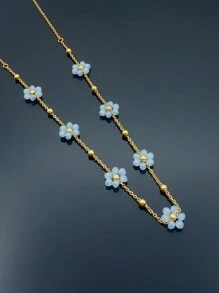 1入夏季時尚可愛女孩新款鈦鋼花朵項鏈珠子鎖骨鏈飾品，浪漫約會禮物，返校季/婚禮季/波西米亞度假風格