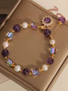 1pc Natural Freshwater Pearl & Amethyst Bracelet Women's Light Luxury Micro-Inlaid Sunflower Pendant Beaded Strand Bracelet, Best Friend Gift Valentines,Mom,Mother,Mother's Day,Gift