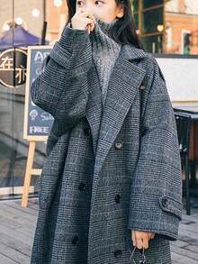 Las mujeres de longitud media de la rodilla abrigo de tweed chaqueta Mil aves comprobar temperamento otoño e invierno engrosada abrigo de tweed de algodón de sección larga de doble botonadura gabardina cardigan - Gris - Ver 4