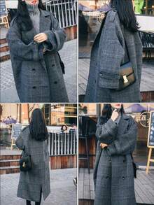 Las mujeres de longitud media de la rodilla abrigo de tweed chaqueta Mil aves comprobar temperamento otoño e invierno engrosada abrigo de tweed de algodón de sección larga de doble botonadura gabardina cardigan - Gris - Ver 7