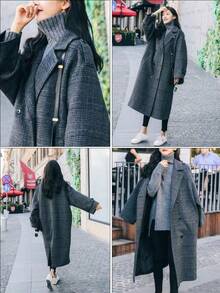 Las mujeres de longitud media de la rodilla abrigo de tweed chaqueta Mil aves comprobar temperamento otoño e invierno engrosada abrigo de tweed de algodón de sección larga de doble botonadura gabardina cardigan - Gris - Ver 8