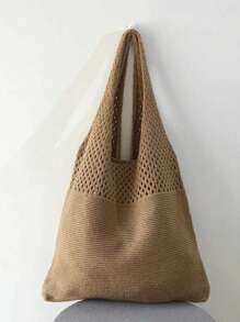 Yogodlns Crochet Knit Bag Large Capacity Shoulder Bag, Beach Purse, Vacation & Daily Use, Travel Must Haves, Vacation Essentials, Perfect For Summer, Vacation & Beach , Crochet - Camel - View 3